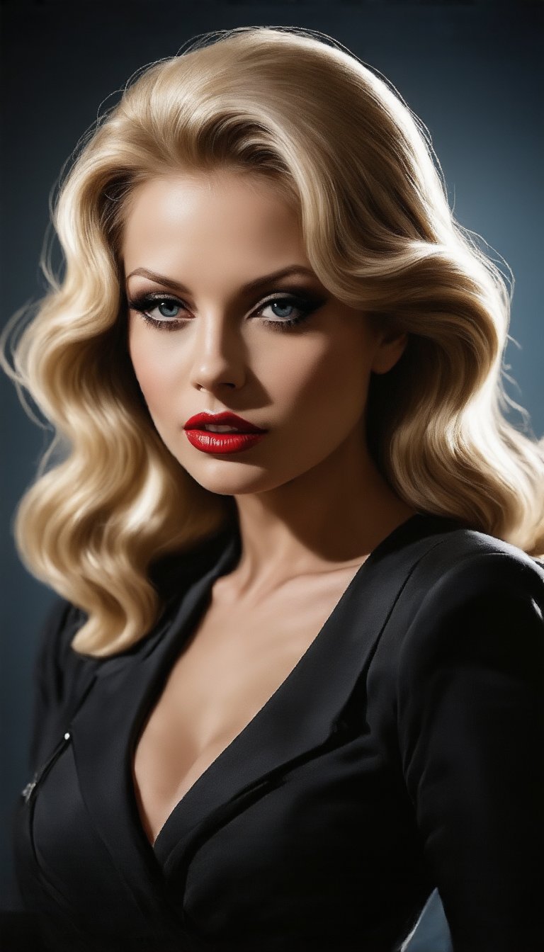 (A beguilingly elegant femme fatale, reminiscent of old Hollywood glamour, exudes the allure of "Casablanca" in every pose. Her cascading locks, styled in vintage waves, frame a face graced with smoky eyes and scarlet lips, embodying timeless beauty. The background, a smoky jazz club, sets the scene for intrigue and romance. This hyper-realistic painting captivates with its exquisite attention to detail, evoking the golden age of cinema with stunning clarity and depth), Detailed Textures, high quality, high resolution, high Accuracy, realism, color correction, Proper lighting settings, harmonious composition, Behance works,sheila