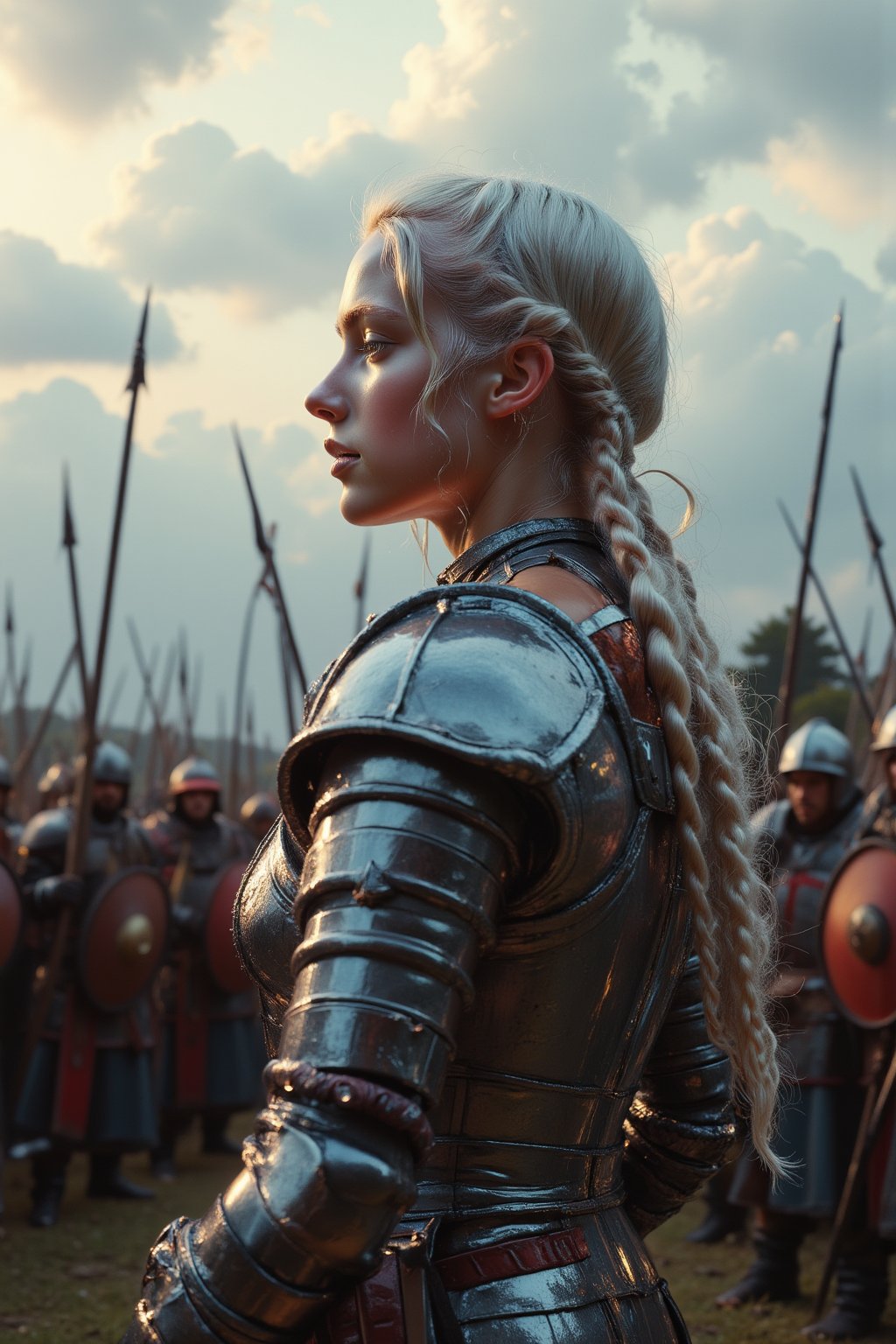 A platinum blonde warrior stands in profile, her braids wrapperd around her head so that they can be contained in a helme. 
Clad in rennaisance armor, on hand grips a sword, while the other hand grasps her helmet. Her gaze sweeps the enemy's battle lines as clouds gather, casting a somber tone on the field. In the background, disciplined warriors line up, holding spears and round shields in unison. The framing of the shot emphasizes her determination, while the lighting creates an air of foreboding.