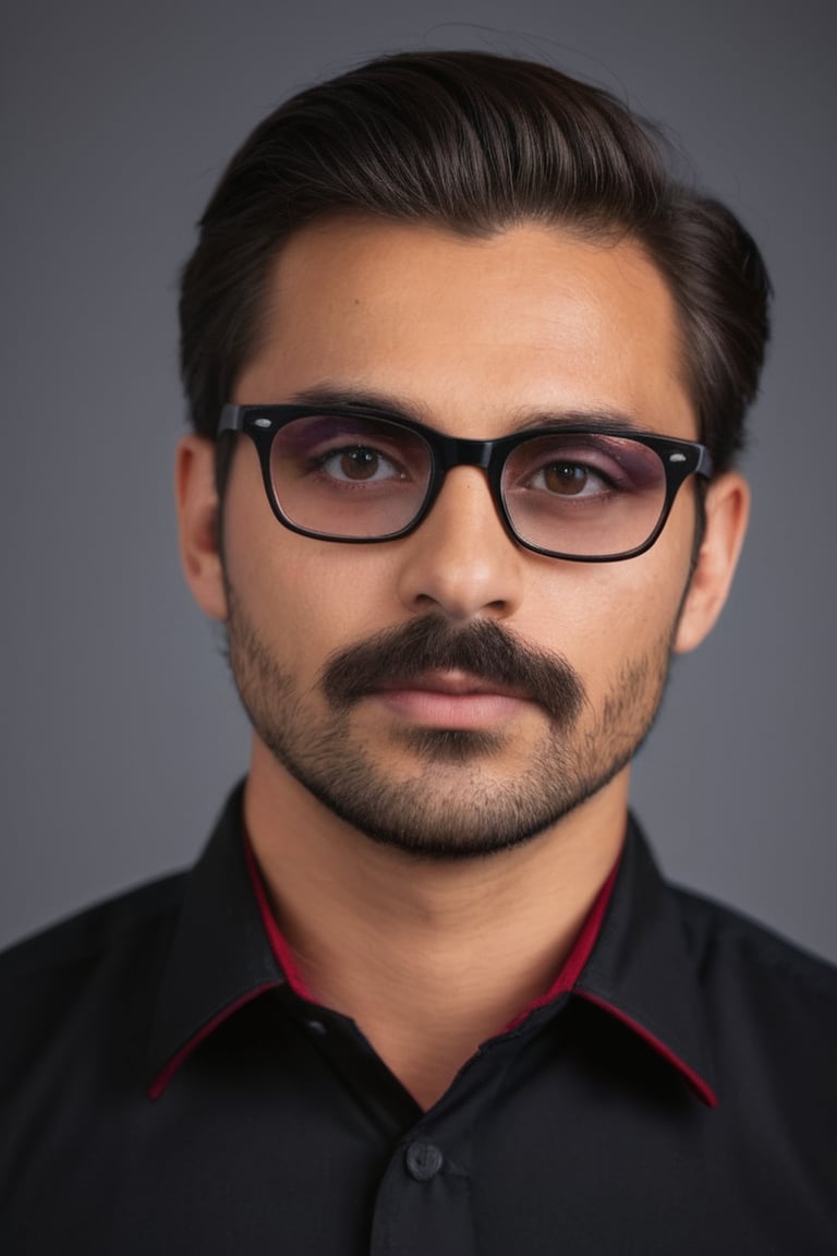 Close-up portrait of a single man with piercing black eyes and a subtle mustache. He's dressed in a crisp collared shirt w...