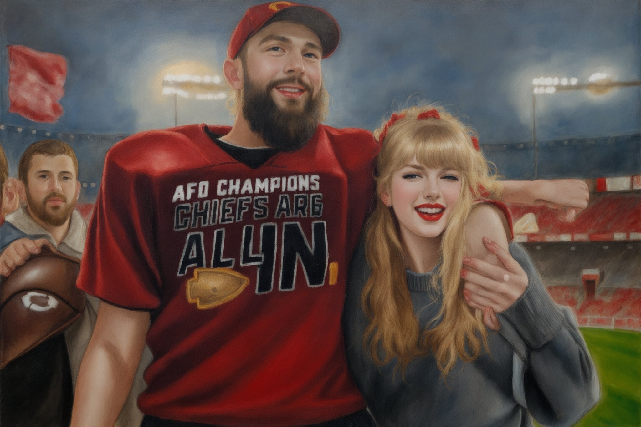 1boy, (Travis Kelsey), crew cut, beard, Caucasian, wearing a dark grey jersey, has his arm around 1girl, (Taylor Swift), long blonde hair, bangs, red lipstick, red oversized sweater, on the field, football stadium at night, smiling at each other,Oil on canvas by Caravaggio ca 1600