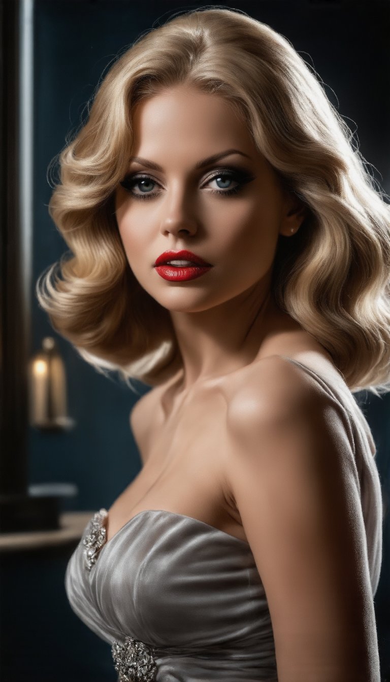 (A beguilingly elegant femme fatale, reminiscent of old Hollywood glamour, exudes the allure of "Casablanca" in every pose. Her cascading locks, styled in vintage waves, frame a face graced with smoky eyes and scarlet lips, embodying timeless beauty. The background, a smoky jazz club, sets the scene for intrigue and romance. This hyper-realistic painting captivates with its exquisite attention to detail, evoking the golden age of cinema with stunning clarity and depth), Detailed Textures, high quality, high resolution, high Accuracy, realism, color correction, Proper lighting settings, harmonious composition, Behance works,sheila