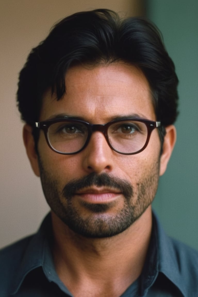 Steve McCurry's iconic portrait: Close-up shot of a middle-aged European man,  gazing directly into the camera lens. Pierc...