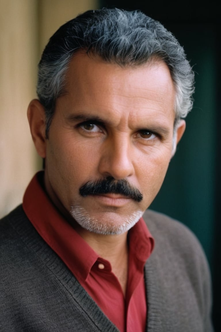 Steve McCurry's iconic portrait: Close-up shot of a middle-aged European man,  gazing directly into the camera lens. Pierc...