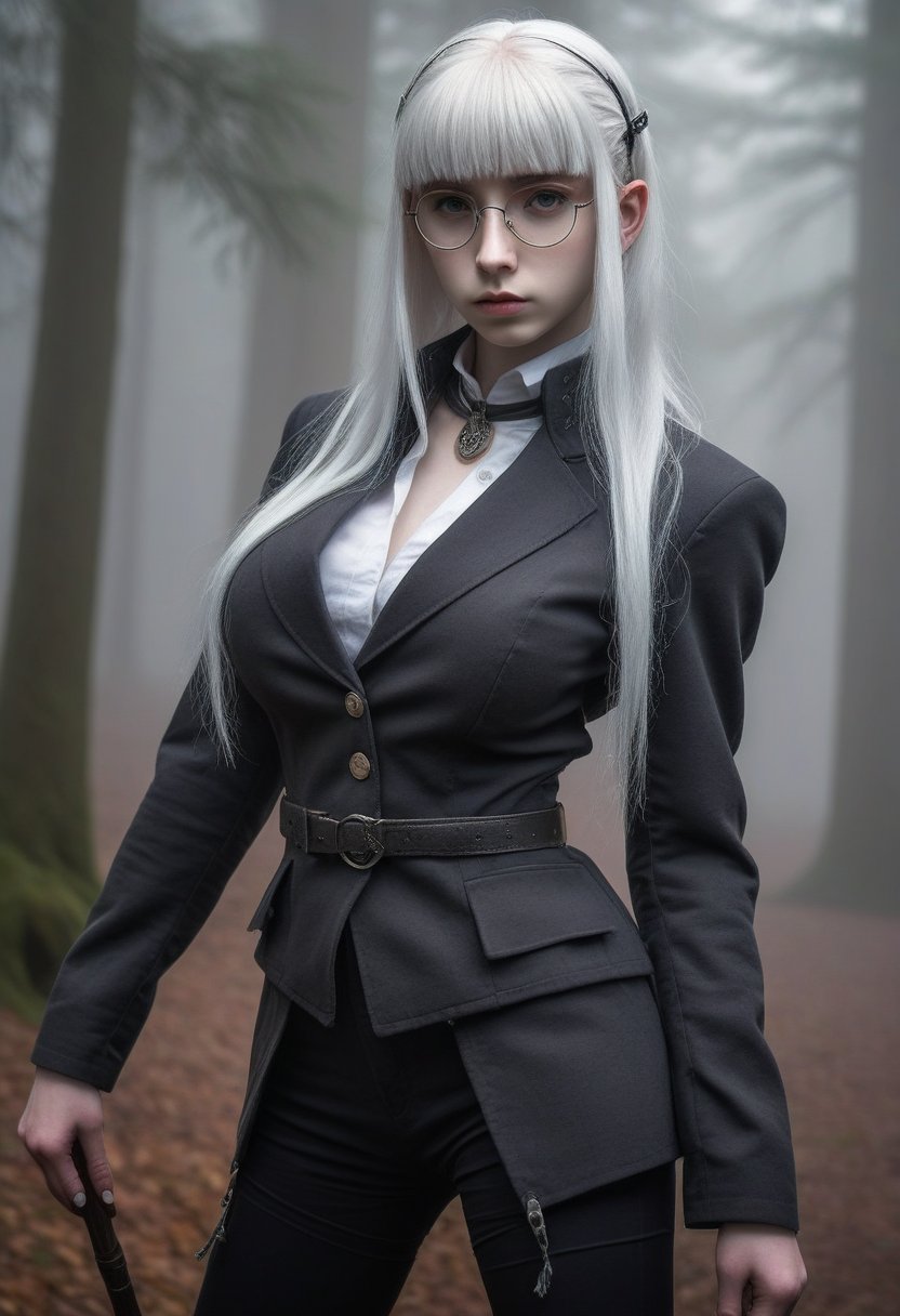 A stern-faced (elf girl:1.3), 16yo, stands formally, her pale skin a canvas for the wispy freckles that dance across her features. Her platinum blonde hair falls in straight, silky strands down her back, framing her sharp jawline and piercing grey eyes, which narrow into a scowl. A sleek black military school jacket with high collar and chin strap is cinched at her waist, showing cleavage, complemented by a black beret perched atop her head. Circle glasses with thin frames perch on the end of her nose, lending an air of intelligent intensity to her countenance. Her bangs are trimmed close to her eyebrows, adding to her overall sense of formality and discipline. The fantasy setting is marked by subtle hints of mysticism in the misty background, where ancient trees and mysterious orbs seem to whisper secrets to the wind.