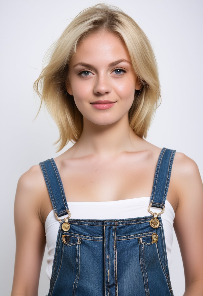 young woman with short,  blonde hair and a scattering of freckles across her cheeks sits in front of a pure white backgrou...