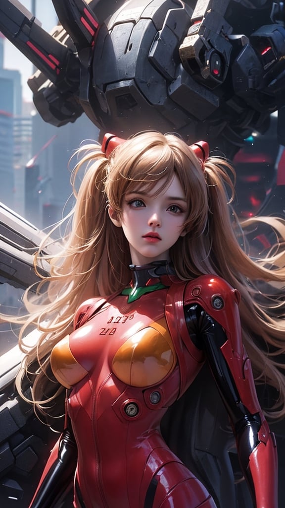 Asuka Langley a spaceship pilot in a latex suit with robotic limbs, laying down in a pod, in a cyberpunk setting, cyborg, implants, high details, realistic, photorealism, 8k,souryuuasukalangley.(large breasts:1.2).(upper body)