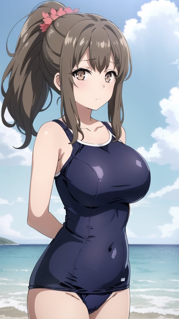 masterpiece, best quality,, 1girl, solo, long hair, looking at viewer, bangs, brown hair, hair ornament, closed mouth, collarbone, ponytail, cowboy shot, outdoors, day, cloud, hair flower, blue sky, ocean, beach, arms behind back,.upper body..in sunset..,riofutaba.,plump.(school swimsuit ) ,embarassed.(large breasts:1.5).(big hip:1.2).