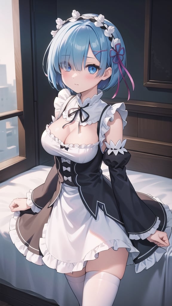 rezerorem, , rem, blue eyes, blue hair, hair ornament, (hair over one eye), hair ribbon, short hair, x hair ornament,BREAK apron, black ribbon, black skirt, black sleeves, detached collar, detached sleeves, flower, frilled apron, frilled skirt, frills, head wreath, long sleeves, maid, miniskirt, neck ribbon, purple ribbon, ribbon, ribbon trim, ribbon-trimmed sleeves, roswaal mansion maid uniform, short hair, skirt, thighhighs, waist apron, white apron, white thighhighs,BREAK outdoors,BREAK looking at viewer, BREAK , (masterpiece:1.2), best quality, high resolution, unity 8k wallpaper, (illustration:0.8), (beautiful detailed eyes:1.6), extremely detailed face, perfect lighting, extremely detailed CG, (perfect hands, perfect anatomy),perfect.(arms behind back).(large breasts:1.5),perfect