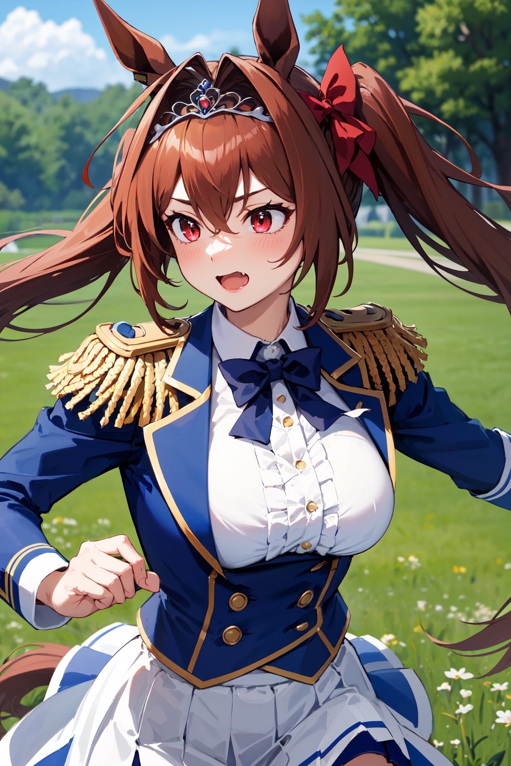 masterpiece, best quality, highres, 1girl, daiwa scarlet (umamusume), horse ears, long hair, twintails, tiara, horse tail, very long hair, brown hair, epaulettes, garter straps, long sleeves, (large breasts:1.2), fang, red eyes, bowtie, bangs, puffy sleeves, blue jacket, white thighhighs, center frills, white shirt, hair between eyes, white skirt, blue skirt, hair bow,  daiwa, (running:1.3), field, outdoors.(upper body)