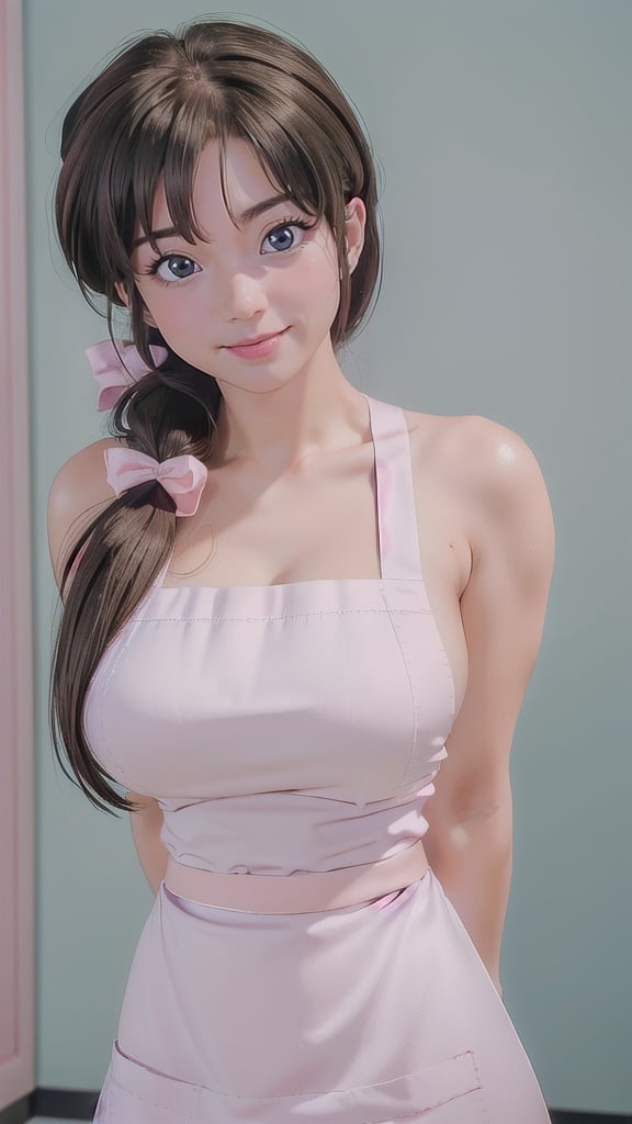 tendous_kasumi, solo, large breasts,, masterpiece, best quality, detailed face, detailed eyes, highres,kasumi.(upper body ).kasumi.blue eyes.,kasumi.long hair.smile.,kasumi.cleavage.,kasumi.(arms behind back).tatami room.blush.(pink apron).(naked apron)