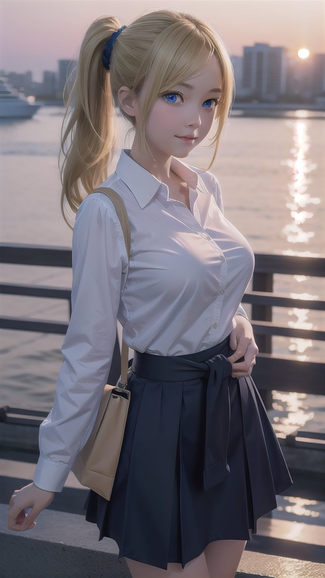 aihayasaka, ,ai hayasaka, blonde hair, blue eyes, blue scrunchie, hair between eyes, hair scrunchie, long hair, scrunchie, side ponytail, sidelocks, blouse, cardigan, cardigan around waist, clothes around waist, collared shirt, dress shirt, long sleeves, school uniform, (mini shirt), shuuchiin academy school uniform, skirt, white shirt,BREAK looking at viewer,BREAK,,BREAK , (masterpiece:1.2), best quality, high resolution, unity 8k wallpaper, (illustration:0.8), (beautiful detailed eyes:1.6), extremely detailed face, perfect lighting, extremely detailed CG, (perfect hands, perfect anatomy),better_hands.(plump).(medium breast:1.2).outdoors.harbor.cruise ships.sunset.smile.