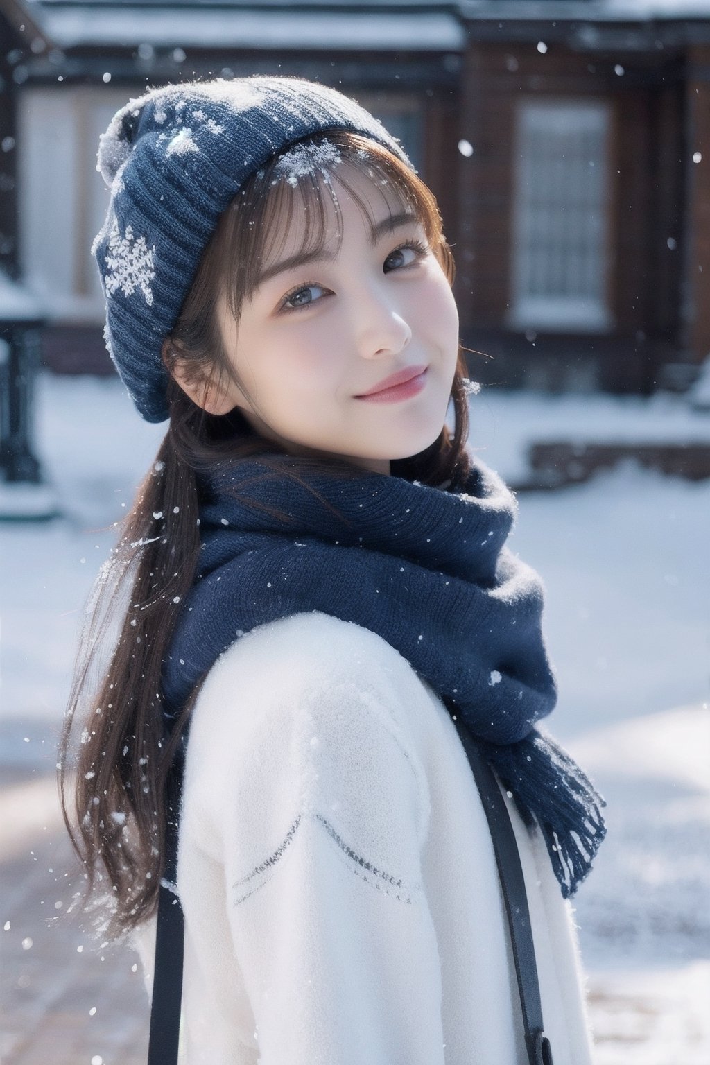 (realistic), (hyperrealism),best quality, masterpiece,ultra high res, (photorealistic:1.4),1girl,upper body, bbmb, sexy,(falling snow:1.2),outdoor, long hair, navy scarf, sweater, coat,perfect light, (face focused:1.4),(grin:0.7), upper body