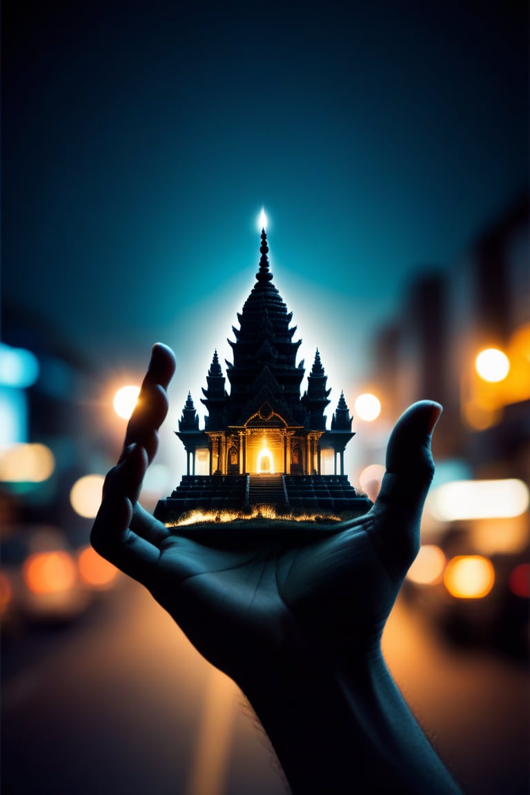 Silhouette outline of a hand with 5 fingers, superimposed inside the silhouette is a tiny Hindu Temple with Lord Krishna on road, tilt shift double exposure photography, Night background