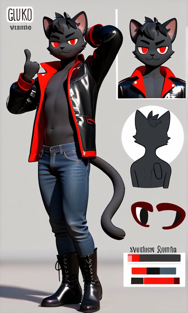 (masterpiece), best quality, 3d, cgi, expressive eyes, score_8_up, score_7_up, (1boy), solo:2, ((source_furry), source_cartoon:0.6), anthro, furry, reference sheet

(((petite body, flatchest, twink)), anthro cat boy, black fur, black chest, black hair, red eyes,

black high neck jacket, belly botton visible, black jeans, black high boots)),

standing pose, looking at the camera, smug smile, pointing at the viewer.