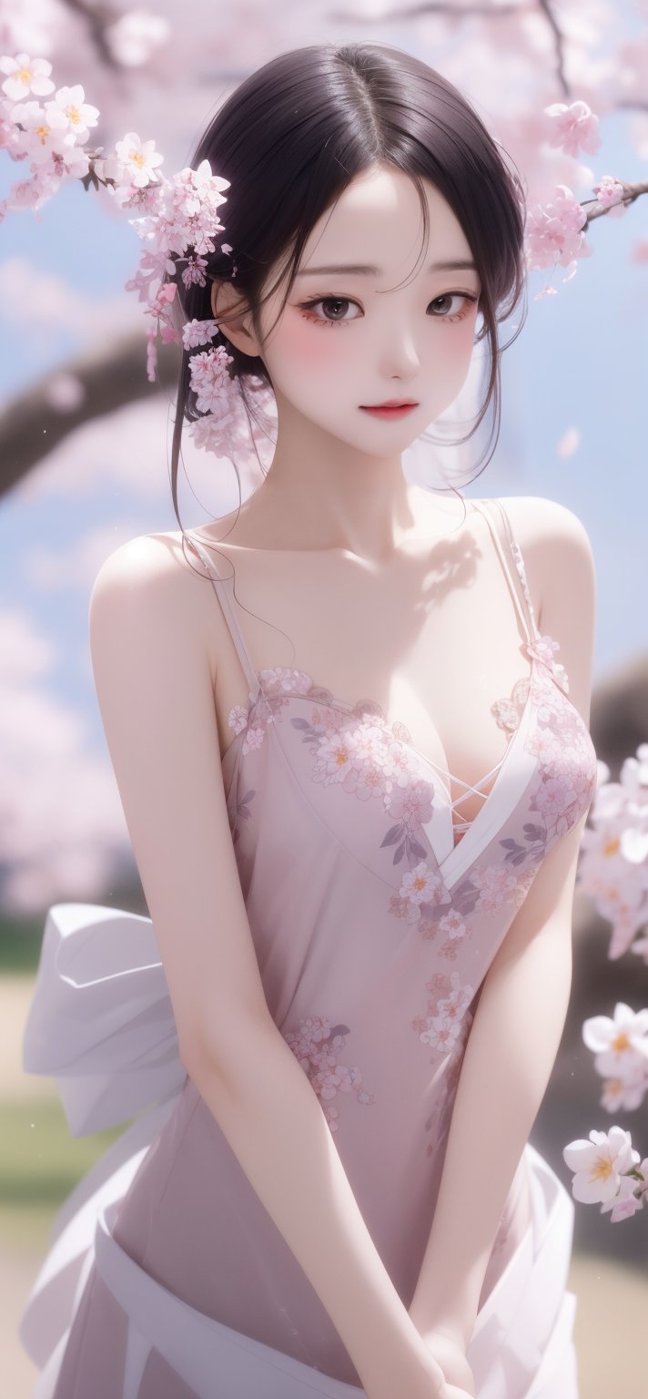 A 16-year-old Japanese beauty,in the sakura flowers.Turn slightly,iris purple dress, white hair 