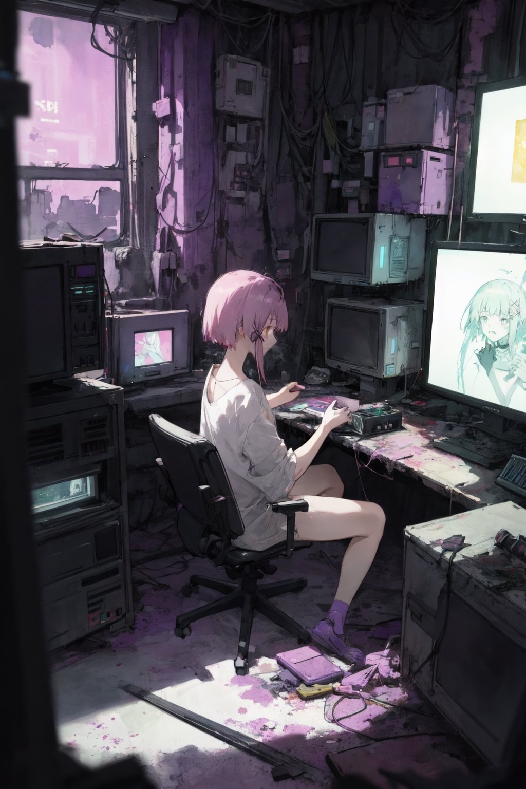 1girl ,
cyberpunk world, multiple monitors, messy room glowing monitors
purple tone 
watercolor   ,Lain Iwakura (Serial Experiments Lain)