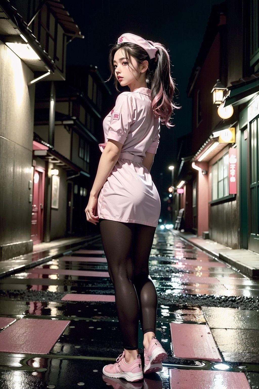 (masterpiece, best quality:1.4), (beautiful, aesthetic, cute, adorable:1.2), (depth of field:1.2),Rainy day, night, alley behind the building, 1 girl, getting caught in the rain, black hair, long hair, ponytail, Japanese,NURSE UNIFORM NURSE CAP, (dark back alley), (((Pink nurse uniform))), full body