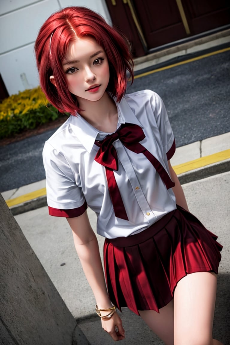 Masterpiece, high quality, 14k. 1 Girl, age 19, school uniform, ((bobbed hair)), red hair, ((half-bundled hair)), no bangs, dark red eyes, high nose, clear concave features, medium chest, muscular skinny body, gold bracelet with red jewelry,white short sleeve shirt, thigh-high pleated skirt, little flush,kallen stadtfeld, shoulder-length bob,Eren Jaeger , detailed face