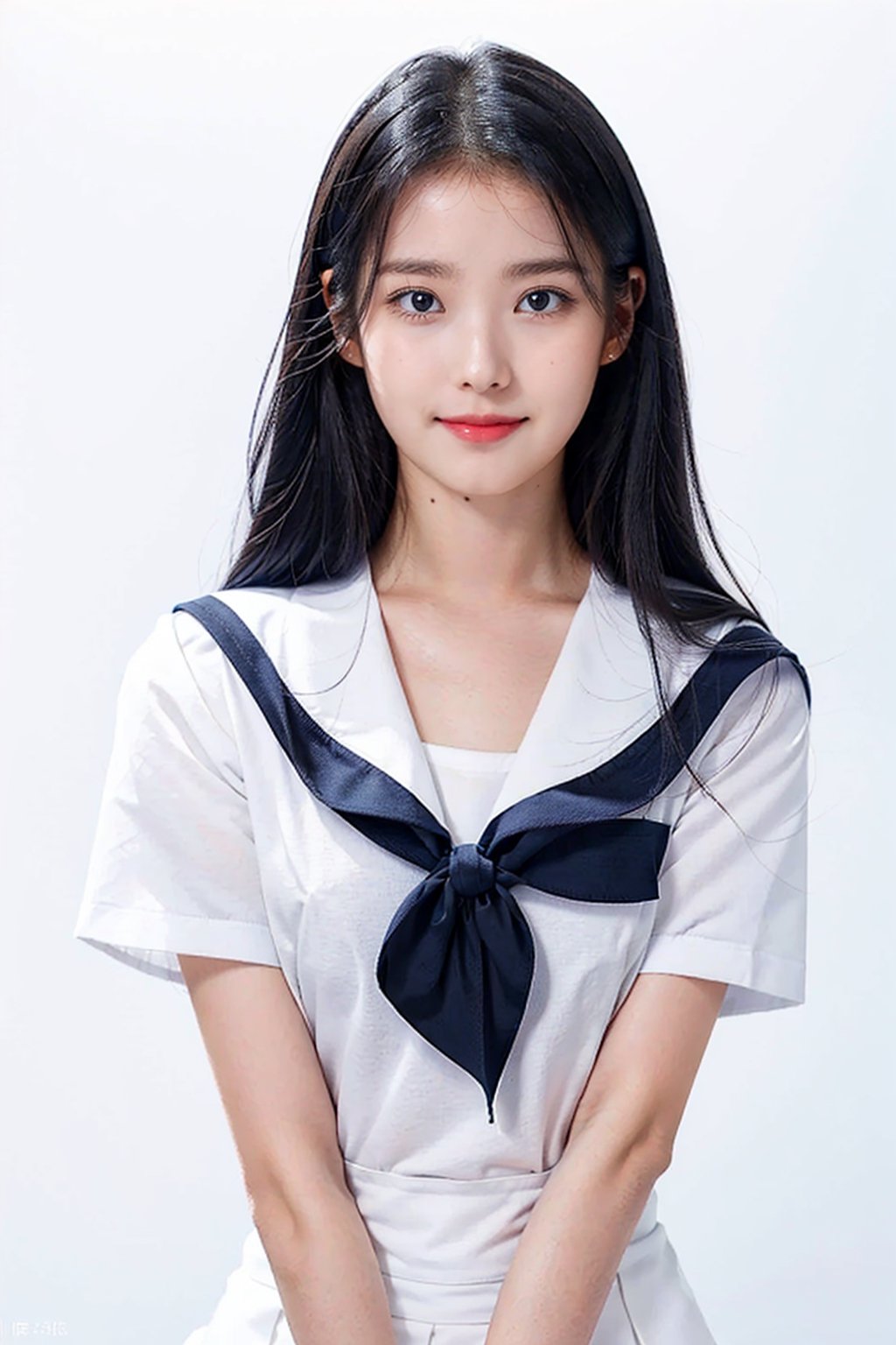 1girl,  18 years old,  (close-up photograph:1.3),  (extremely detailed face),  ((looking straight)),  symmetrical frame,  ((symmetrical pose)),   ,  looking_at_viewer,  (black hair),  (studio lighting ),  (white and blue sailor uniform,  short sleeve,  tight),  (white plain background:1.2),  (((( no make up))),  smile shyly , ,  , iulorashy, 