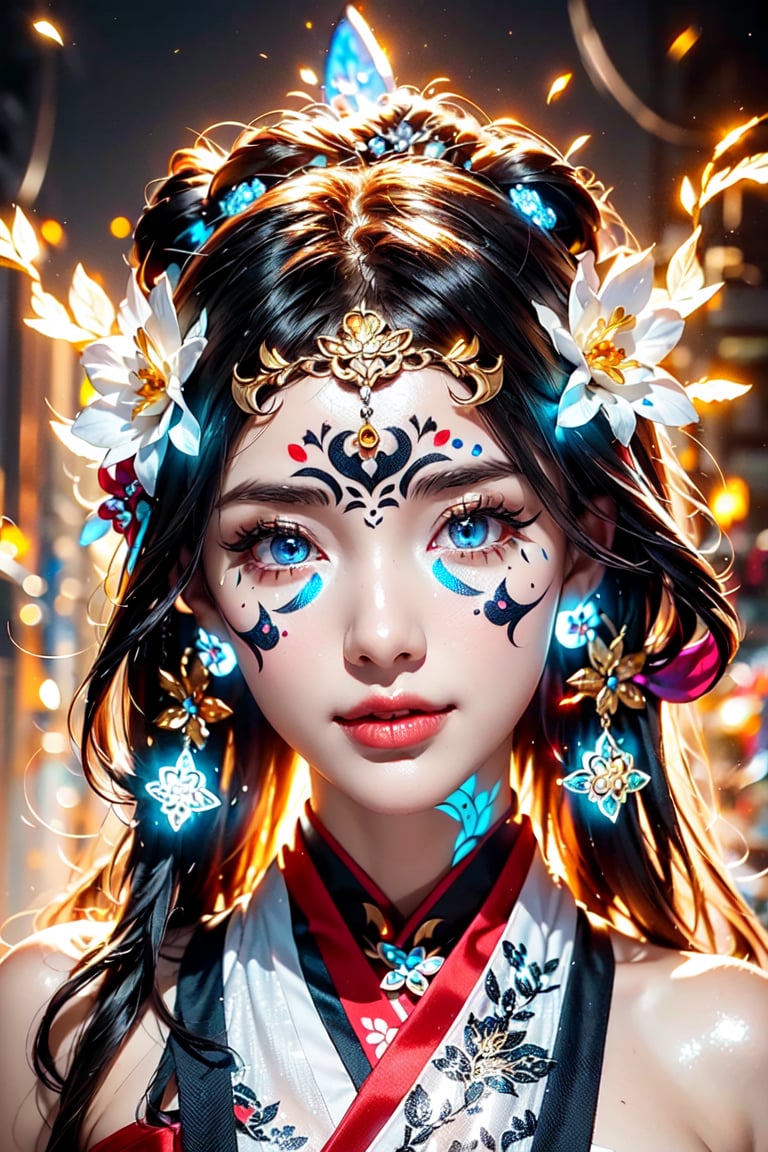 (Onmyoji,miko,geisha),long hair, smile,bare,bangs,hair beads,snowflake hair ornament, lolita hairband,blue eye,golden_eye, black hair, holy pattern on the right face, devil pattern on the left face,(face pattern tattoos, glowing_bits), (Intricate glowing face Pattern :1.4)