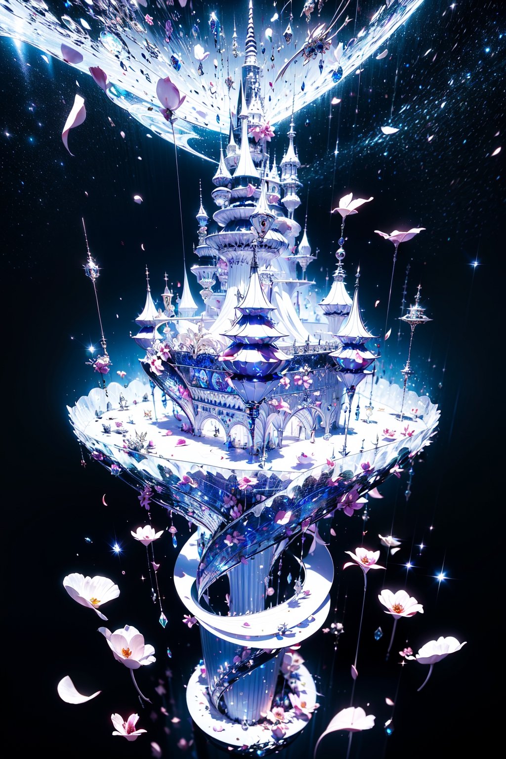  (floating castle),(complex petal structure:1.5),space background,Black and white entanglement, crystal and silver entanglement