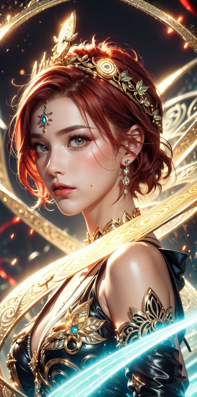 (goddess,bride,gaia),(red_short_hair:1.3),(Gorgeous sacred yellow glowing pattern:1.3),((dark background)),glowing text(" magic_circle on face":1.3),(Upper face pattern ,glowing_bits),