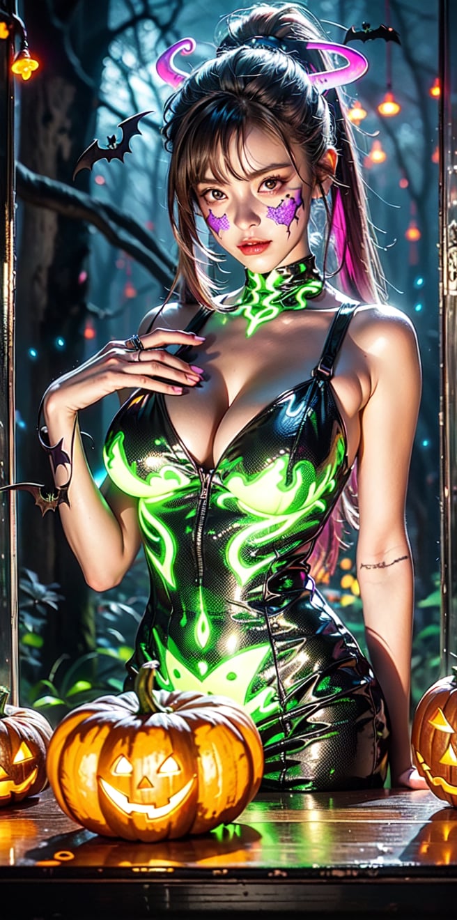 (succubus),(halloween-shaped puppet set hafu),(Gorgeous evil yellow glowing pattern:1.2),Fantasy visual effects,dark forest,curvy,(bioluminescence:1.3)