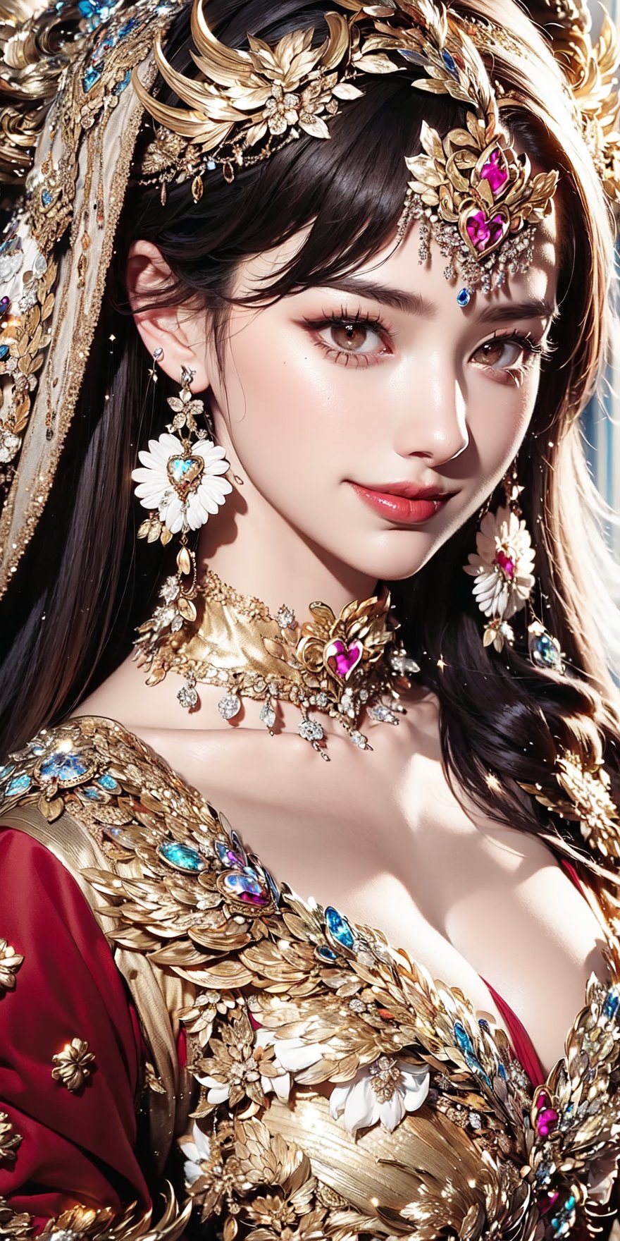 The beauty of the goddess is like the warm and gentle sunshine in the spring morning, emitting a soft radiance and a heart-warming smile. She wears gorgeous crowns, forehead ornaments, earrings, necklaces and shawls, which is amazingly beautiful.