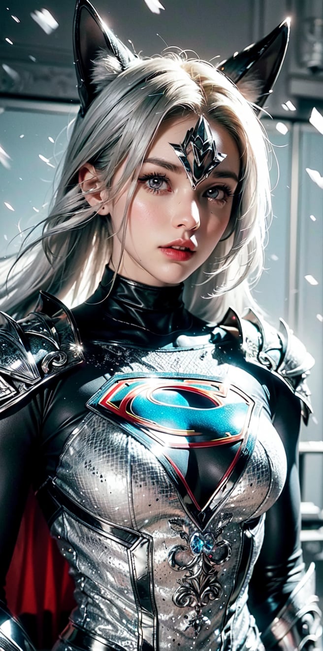 (Husky ears),(supergirl), heterochromatic eyes, iron armor, ice and snow, incomparable details, incomparable beauty, incomparable delicacy,(Black and white entanglement), (crystal and silver entanglement)