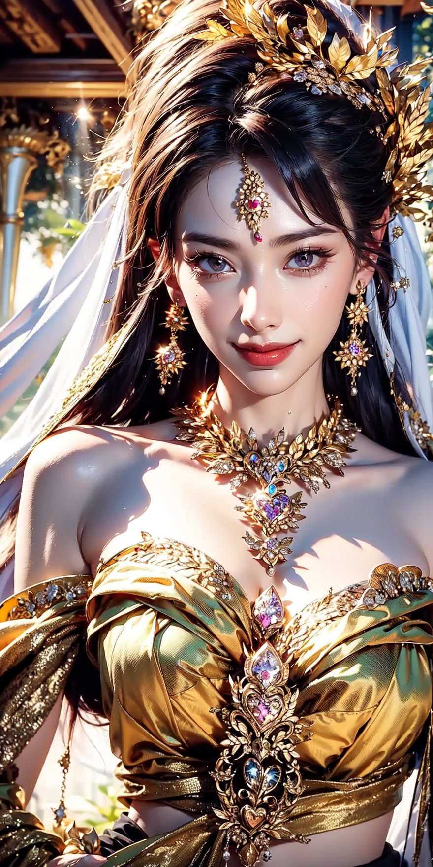 The beauty of the goddess is like the warm and gentle sunshine in the spring morning, emitting a soft radiance and a heart-warming smile. She wears gorgeous crowns, forehead ornaments, earrings, necklaces and shawls, which is amazingly beautiful.