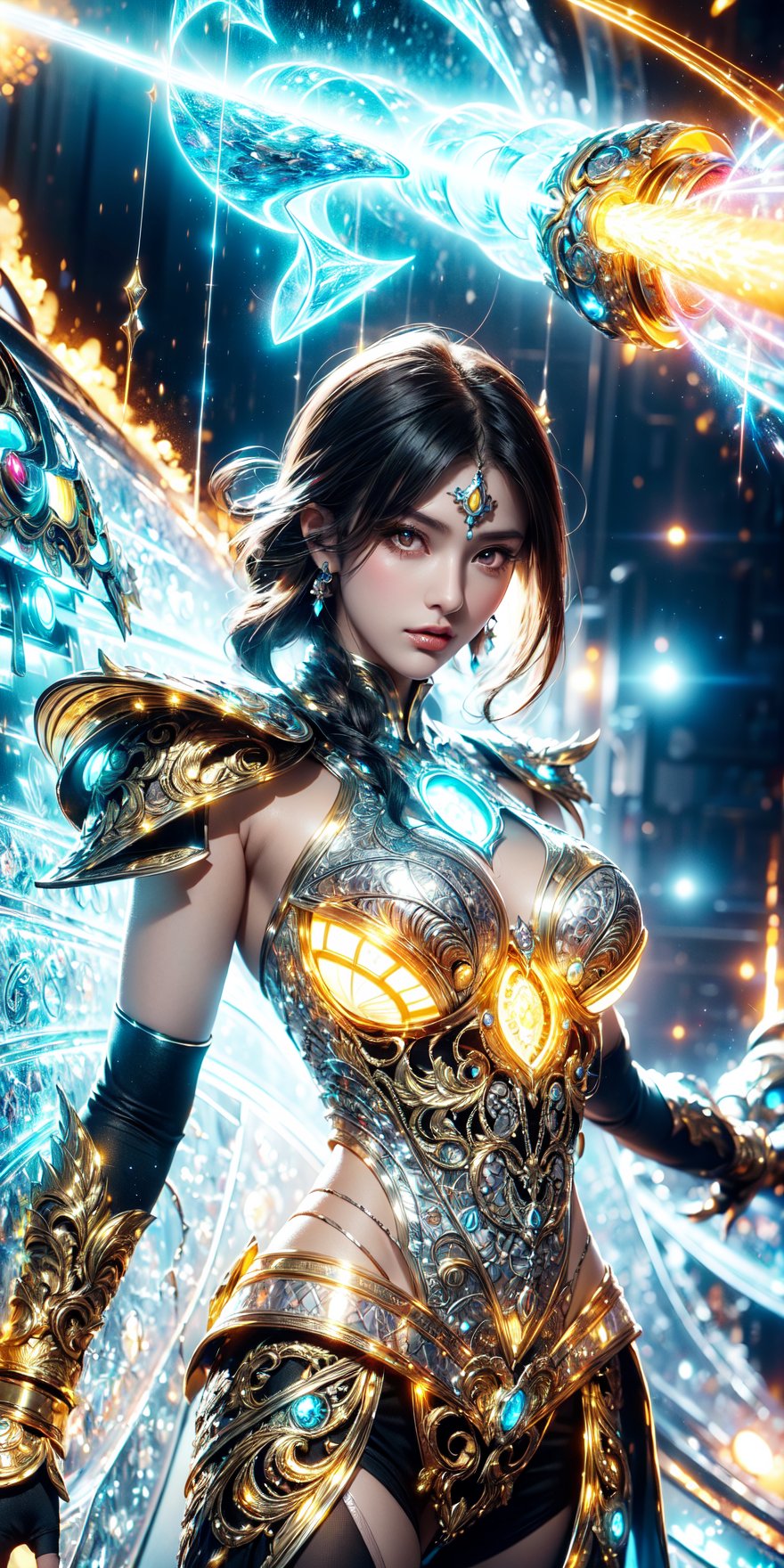 (goddess,Saint Seiya,iron woman),busty,(Intricate luminous armor design:1.3),(yellow plasma electromagnetic shield),crystal and silver entanglement,Soft Pink,(Persian Paisley clothes)