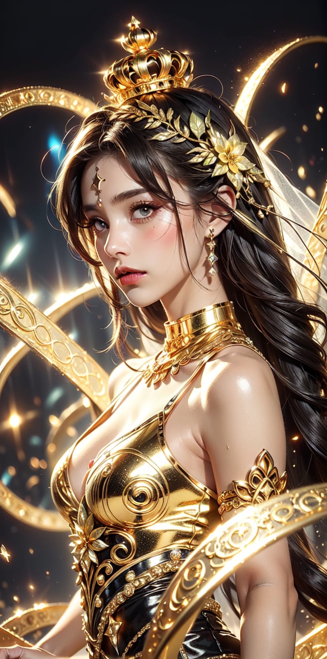 (goddess,bride,gaia),(golden_long_hair:1.3),(Gorgeous sacred yellow glowing pattern:1.3),((dark background)),glowing text(" magic_circle on face":1.3),(Upper face pattern ,glowing_bits),