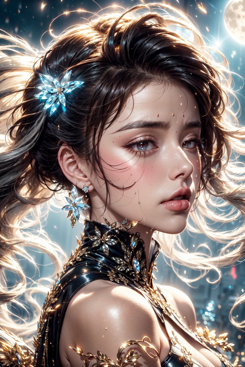 (Close eyes), (pout),The ethereal and perfect goddess, her face is as bright and clear as the bright moon, her long shining hair is all over the background, and her hair is flying in the strong wind.crystal and silver entanglement.(Blushing), (sweating), (panting), frowning