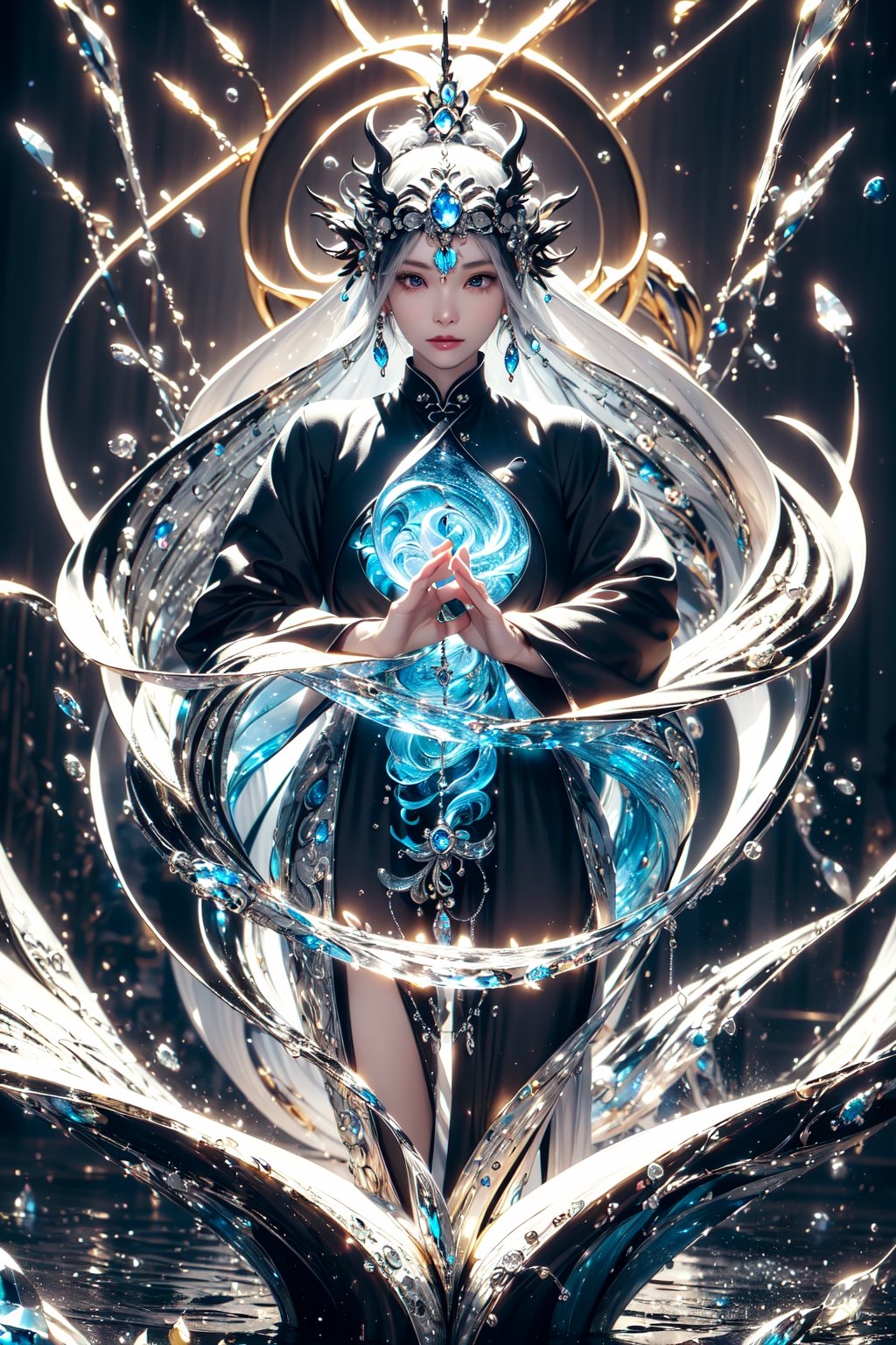 (Black and white entanglement), (crystal and silver entanglement),The goddess of water waves her hands to turn the blue energy flow into a yin and yang Tai Chi diagram
