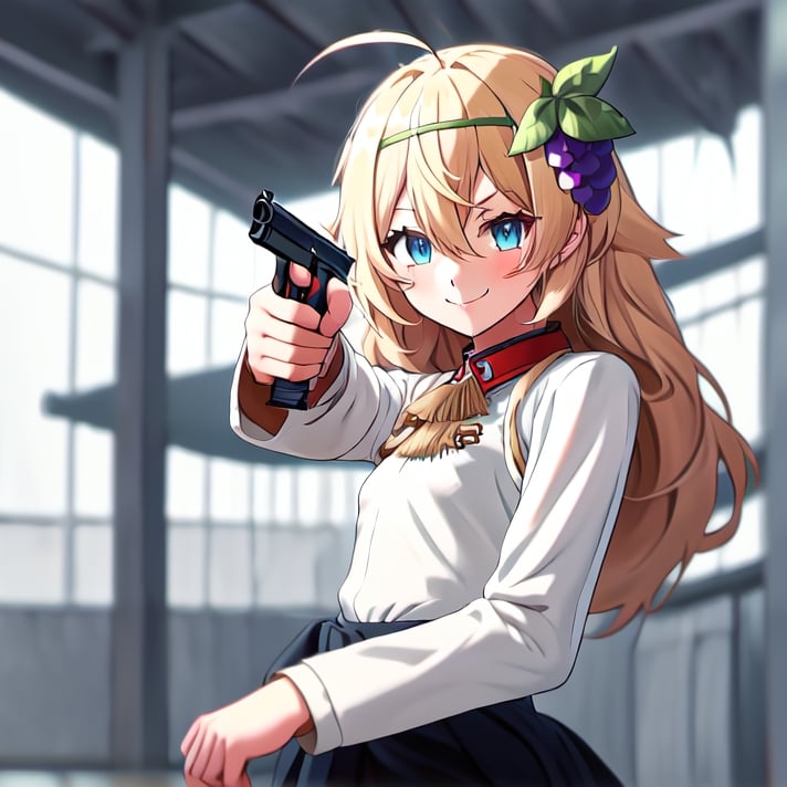 1girl, solo, blonde hair, long hair, hair between eyes, blue eyes, ahoge, bair, hair ornament, grapes ornament, nazi uniform, long sleeves, fbi uniform, crime scene background, pointing a gun at the camera, xuer pistol, black uniform, small breasts, 1 pistol, collar, evil smile, evil eyes, 10yo, ranoa magic academy school uniform 