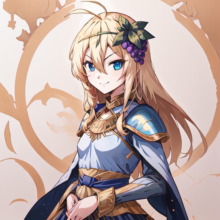 1girl, solo, blonde hair, long hair, hair between eyes, blue eyes, ahoge, bair, hair ornament, grapes ornament, long sleeves, small breasts, collar, evil smile, evil eyes, 10yo, ,marb1e4rmor, armor, gold armor