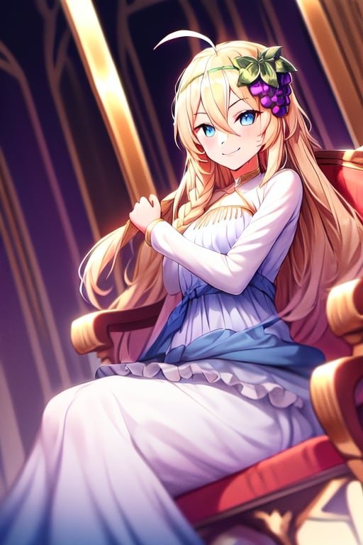 1girl, solo, blonde hair, long hair,hair between eyes, blue eyes,ahoge, braid, hair ornament,grapes, blue dress, long sleeves, gradient dress, layered dress, dress, white dress, (sitting:1.1), (trone, gold trone:1.2), pose, palace, evil smile, evil eyes