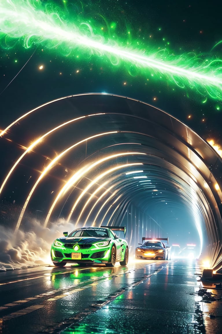 The magic pattern on the high-tech car extend outwards to form a (magic_circle),(racing car,three pattern),(Complex luminous car structure design),(green plasma electromagnetic shield),crystal and silver entanglement,(tunnel filled with dense fog),spit big light