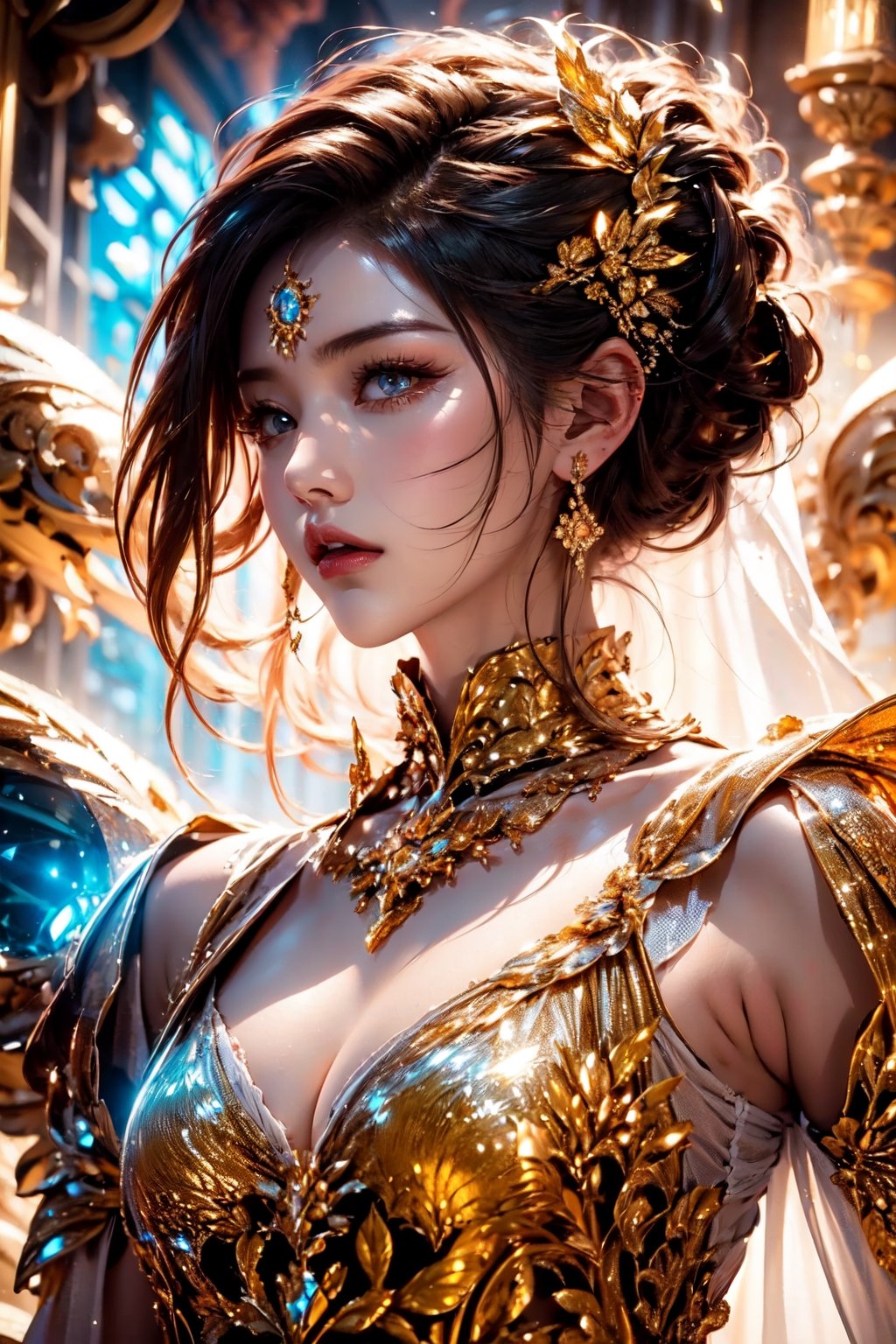 ((goddess)),(RAW photo, best quality), (realistic, photo-Realistic:1.1), best quality, masterpiece, beautiful and aesthetic, 16K, (HDR:1.2), high contrast, (vibrant color:1.3), (muted colors, dim colors, soothing tones:0), cinematic lighting, ambient lighting, sidelighting, Exquisite details and textures, cinematic shot, Warm tone, (Bright and intense:1.1), wide shot, by xm887, ultra realistic illustration, siena natural ratio, Waist-up Side-view, brown long bob cut with blunt bangs, (a Vogue model look:1.2), pink wedding dress, a beautiful instagram Japanese model, with a tattoo, blue eyes, a small earrings, digital painting, full length beautiful intricate body paint, young goth, maze patterns, optical illusion, sensual, smirking, angelic, glass, petite, very cute, rubix cubes, delicate, translucent skin, punk rock, 8k, trending, silver black orange purple.
,glow