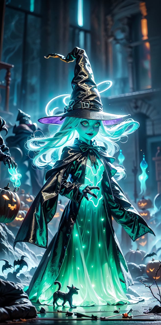 (witch),(halloween-shaped puppet set hafu),(Gorgeous evil yellow glowing pattern:1.2),Fantasy visual effects,dark forest,curvy,(bioluminescence:1.3)