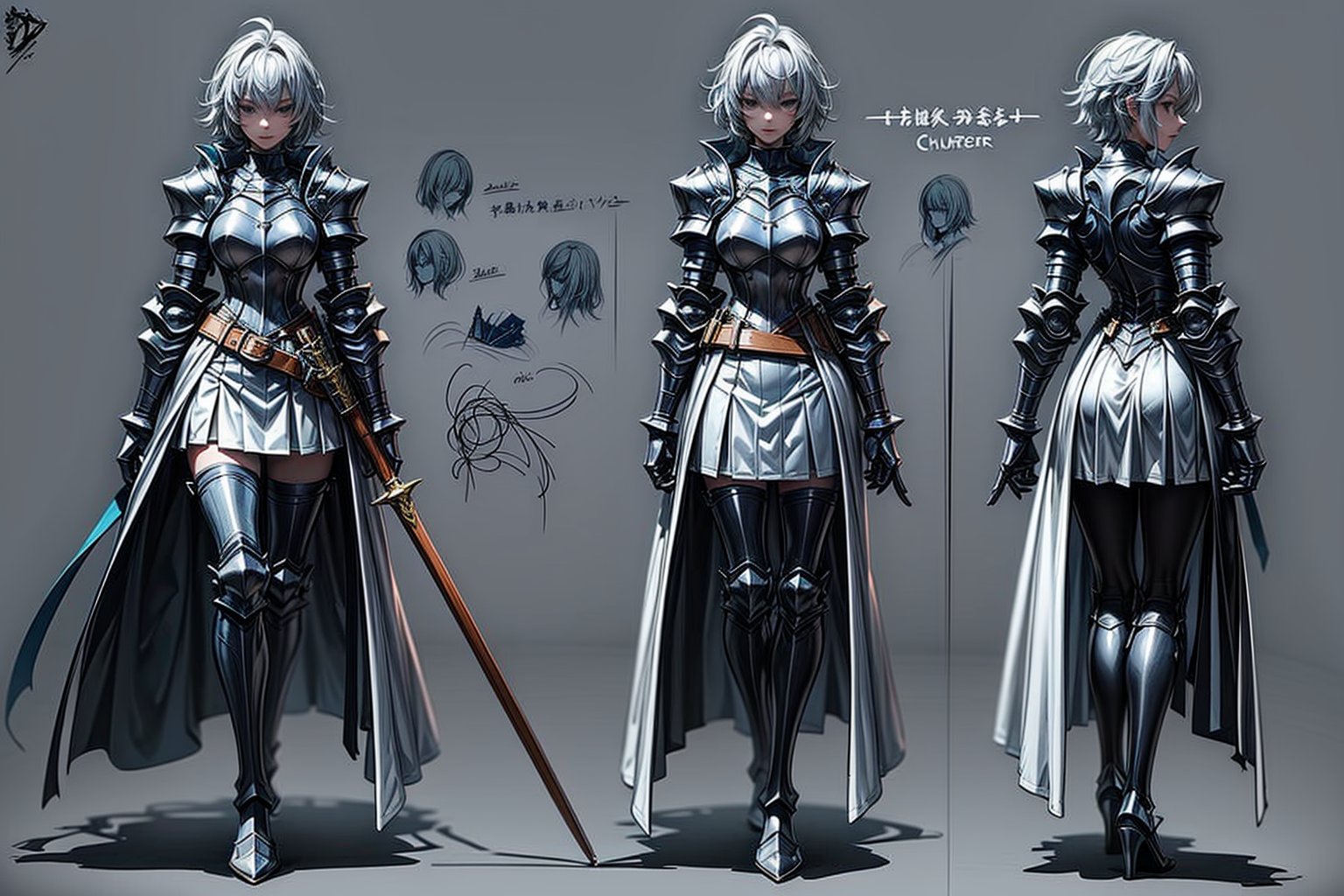 1girl,character turnaround, military uniform,big blue ribbon on hair, white coat, short skirt. belt, full body,charturnerv2,character sheet,girl,xuer plate armor