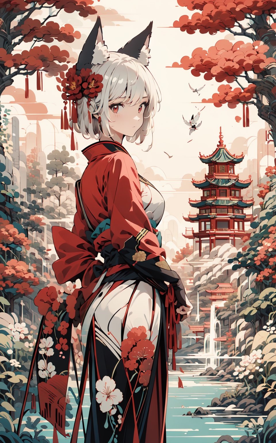 Girl,kimono,white hair,short hair,kemono mimi, fox ear,hua,nine_tail (masterpiece:1.2, best quality), (Soft light), (shiny skin), 1girls, chinese ink painting style,1girl,chinese cheongsam,YAMATO,yaohu