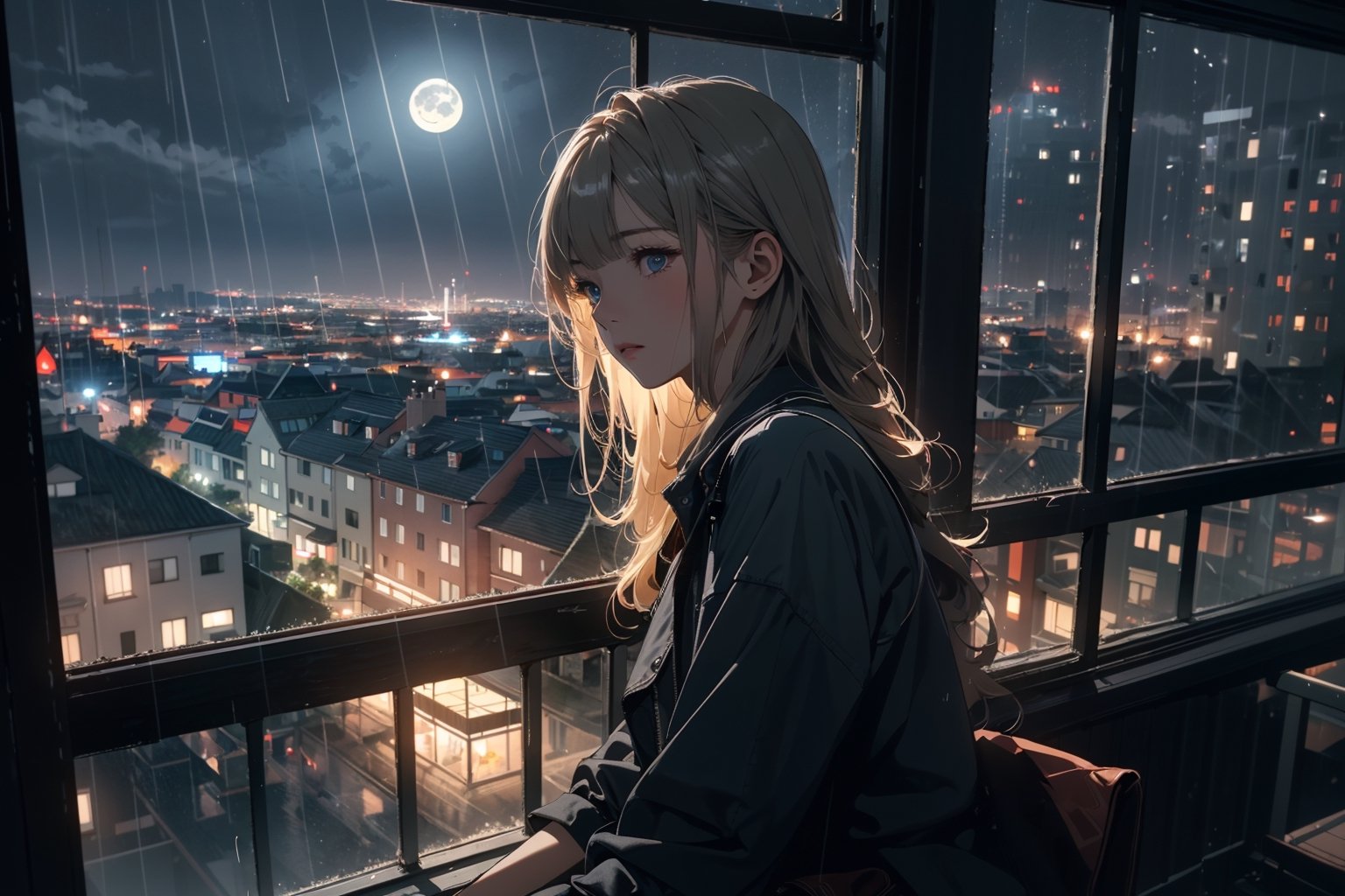 (best quality, masterpiece,64K),(natural lighting), extremely detailed CG,(no humans:1.5),Rainy night streets, view out the window from the room on the second floor, moonlight, city view, a girl waiting for someone, dark background, peaceful