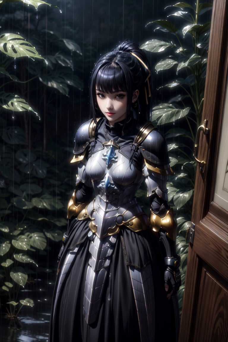 masterpiece, best quality, highres, 1girl, 30 aged, long ponytail black hair, black_eyes, white armor, cry, ((rain)), expressive face, standing, night, forest, 1 girl, fantasy,smile,  looking_at_viewer,narberal gamma,Detailedface