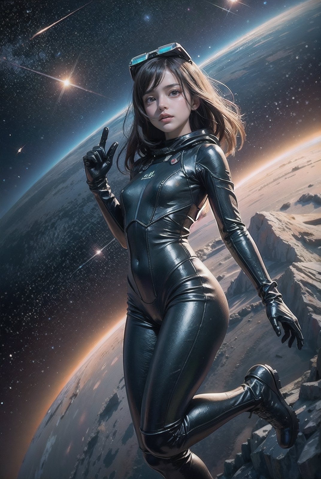 photo RAW,(a girl in a wasteland, alien planet, space, starfield, Alpine Meadow), masterpiece, award winning photography, natural light, perfect composition, high detail, hyper realistic,More Detail,High detailed , flying body, full body, a spacewalk, no ground, latex suit, , zero gravity,
hand gun, headgear, gigantic alien, starwars, against alien, Beam Shabel