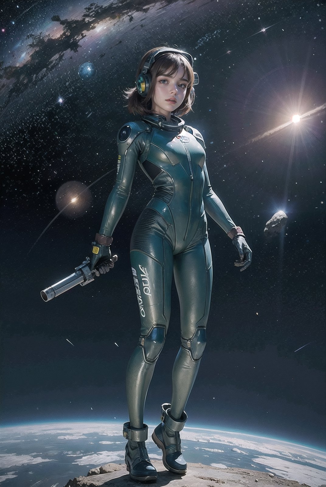 photo RAW,(a girl in a wasteland, alien planet, space, starfield, Alpine Meadow), masterpiece, award winning photography, natural light, perfect composition, high detail, hyper realistic,More Detail,High detailed , flying body, full body, a spacewalk, no ground, latex suit, , zero gravity, gravity
hand gun, headgear, plask on head