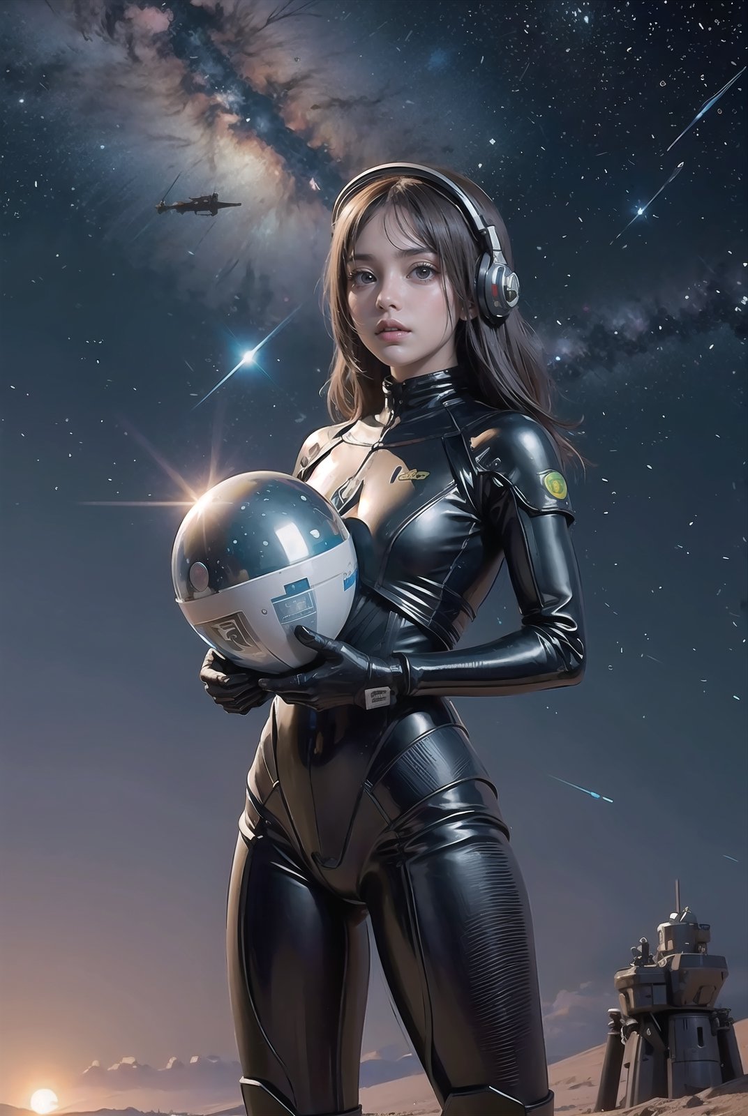 photo RAW,(a girl in a wasteland, alien planet, space, starfield, Alpine Meadow), masterpiece, award winning photography, natural light, perfect composition, high detail, hyper realistic,More Detail,High detailed , flying body, full body, a spacewalk, no ground, latex suit, , zero gravity,
lagergun, headgear, gigantic alien, starwars, against alien, Beam Shabel, runaway,folded sex