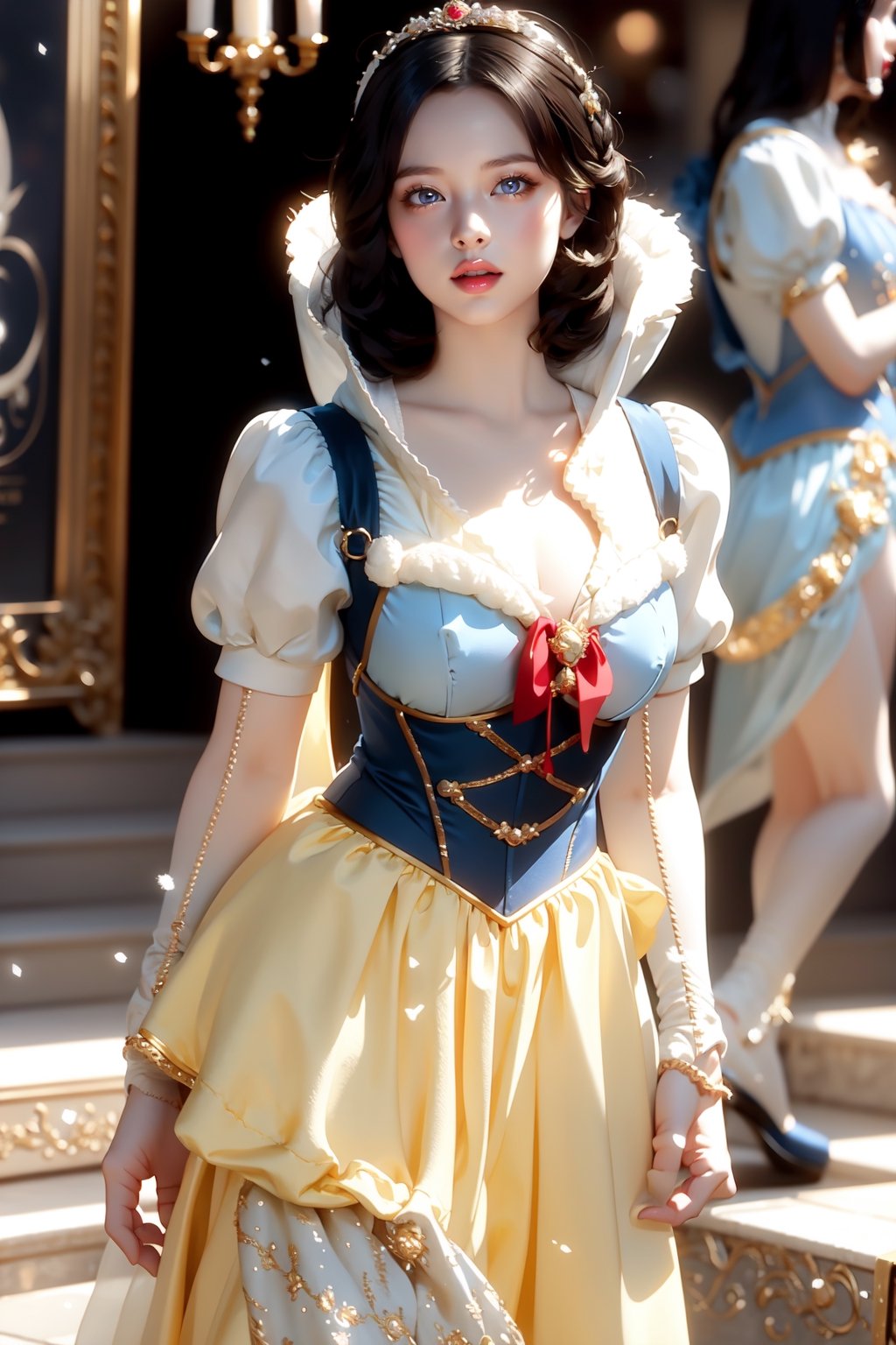 Sexy pinup model, Disney princess snow white, high_res,  detailed eyes, , tight blue corset, , yellow dress,  sexy outfit, fluffy hair, magical ,snowwhite