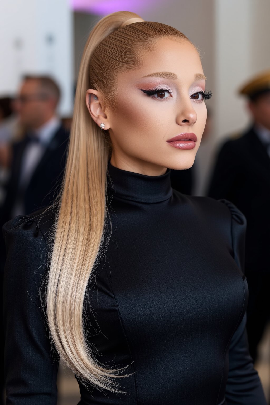 ultra photorealistic sophisticated mesmerizing Ariana Grande with a sleek high ponytail, very long