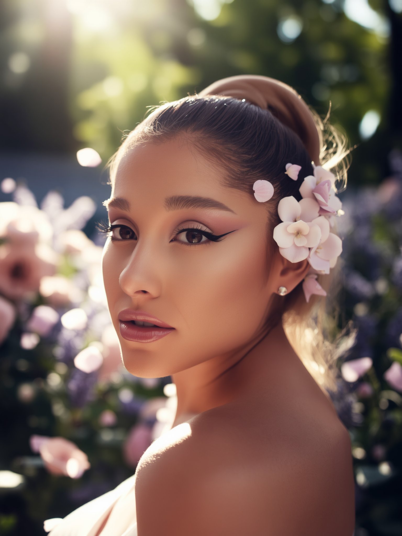 Ariana Grande closeup in a dreamy pastel garden,  soft sunlight filtering through the trees,  casting gentle shadows acros...